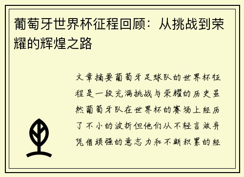葡萄牙世界杯征程回顾：从挑战到荣耀的辉煌之路